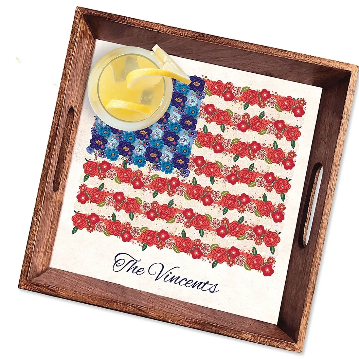 Americana Floral Flag Personalized Square Serving Tray