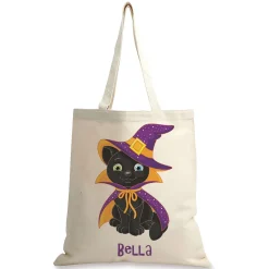 Black Cat Personalized Halloween Canvas Tote