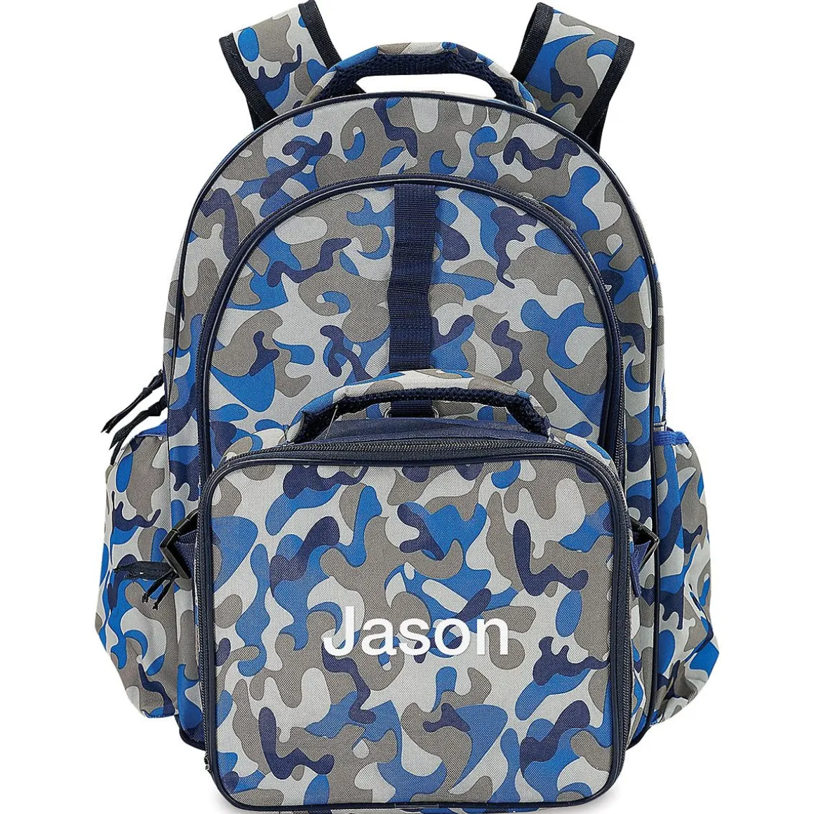 Blue Camo Backpack with Attached Personalized Lunch Bag