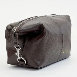 Brown Genuine Leather Monogrammed Toiletry Bag