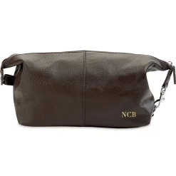 Brown Genuine Leather Monogrammed Toiletry Bag