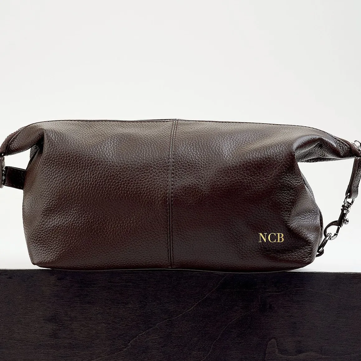 Brown Genuine Leather Monogrammed Toiletry Bag
