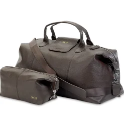 Brown Genuine Leather Monogrammed Duffel Bag