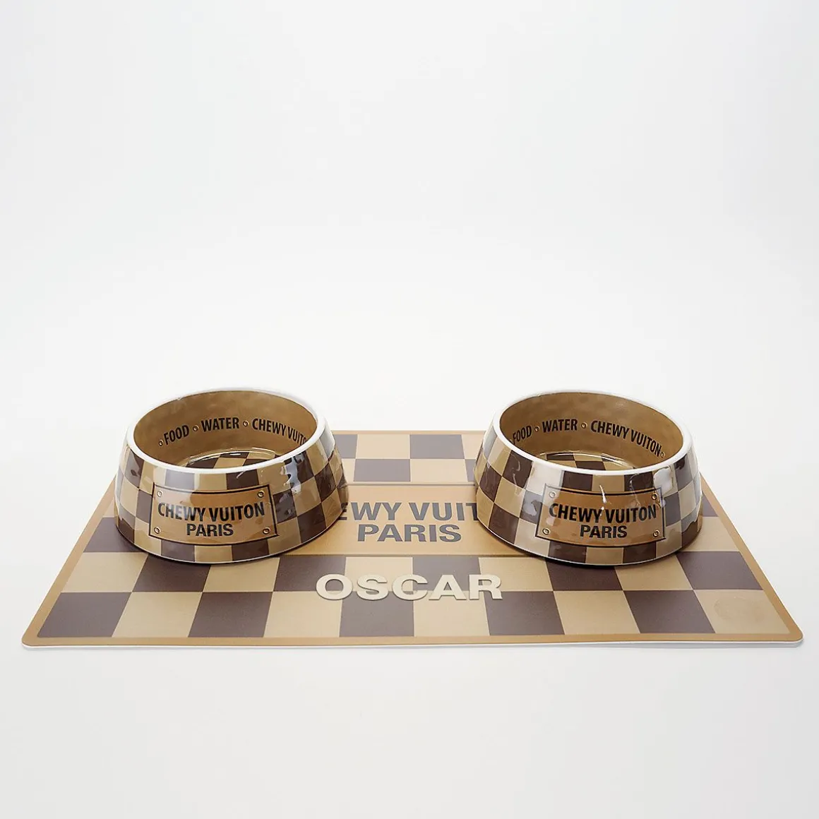 Checkered Chewy Vuiton Pet Bowl