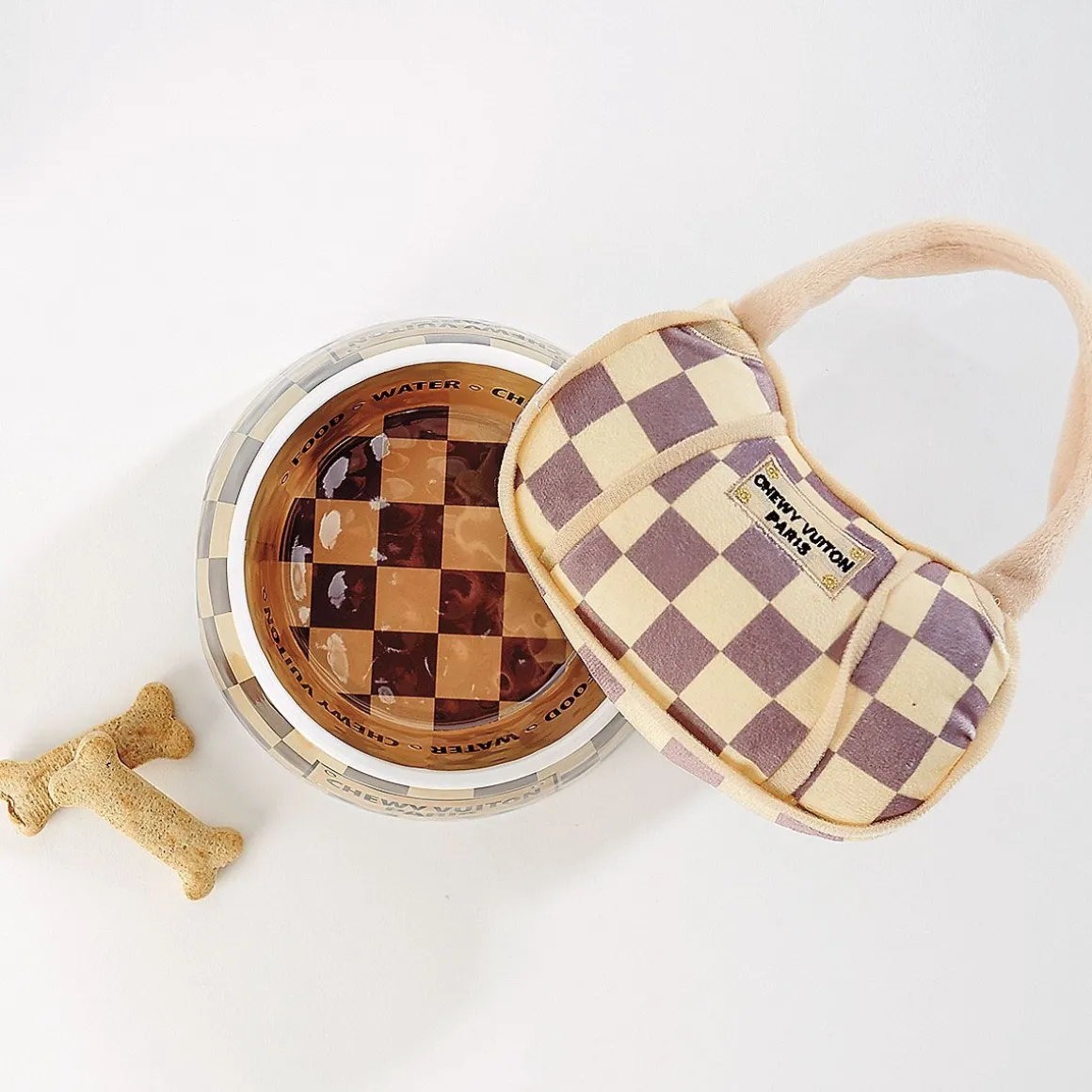 Checkered Chewy Vuiton Pet Bowl