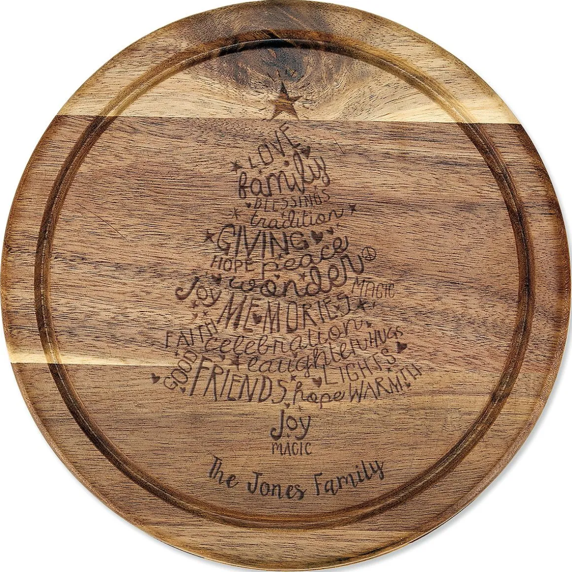 Christmas Word Tree Personalized Acacia Cheese Board Set