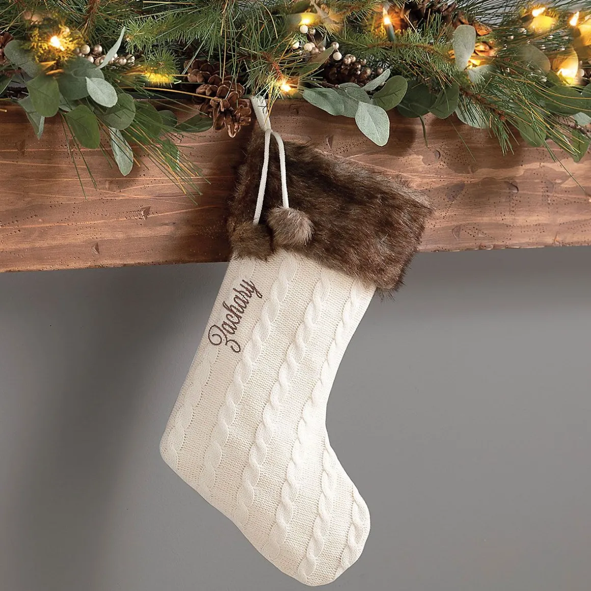 Dark Brown Fur Cuff Cable Knit Personalized Christmas Stocking