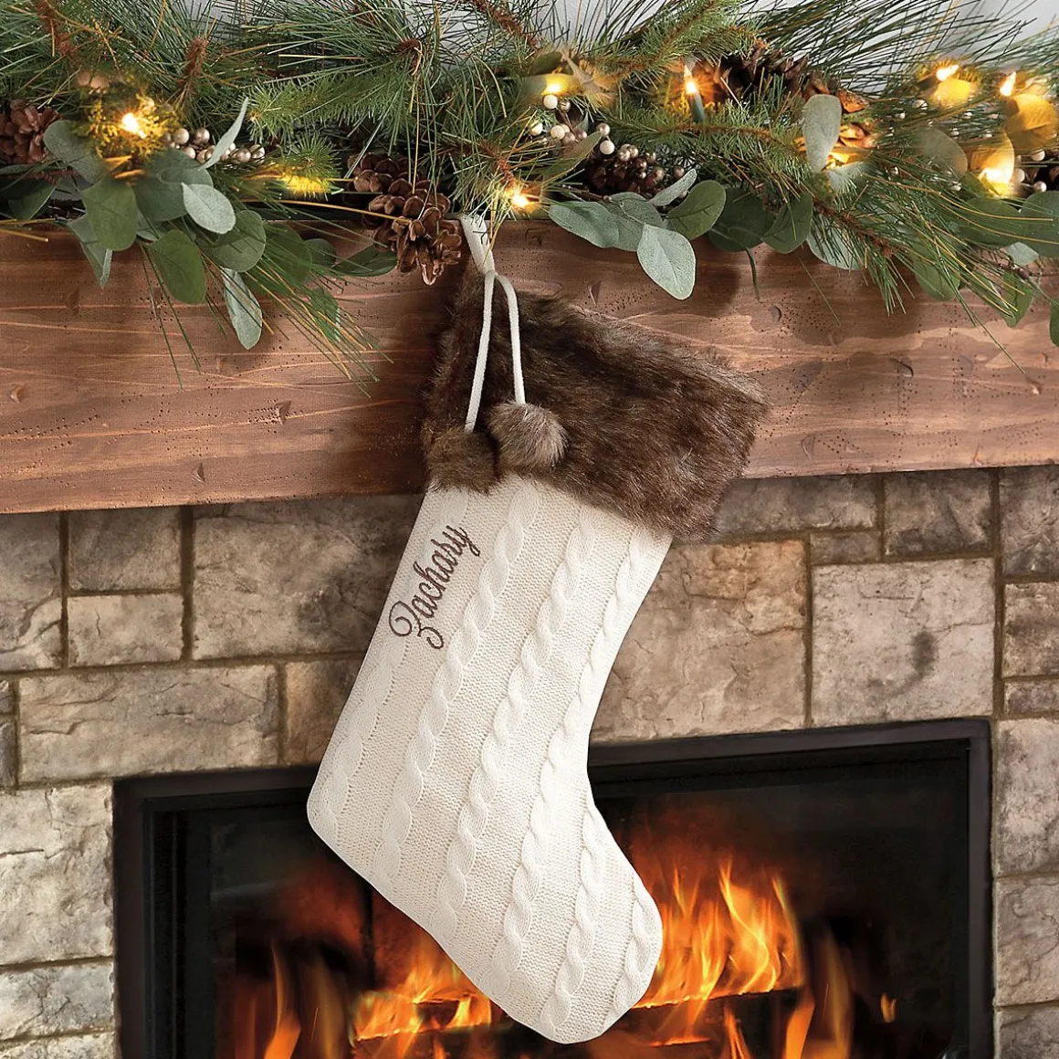 Dark Brown Fur Cuff Cable Knit Personalized Christmas Stocking
