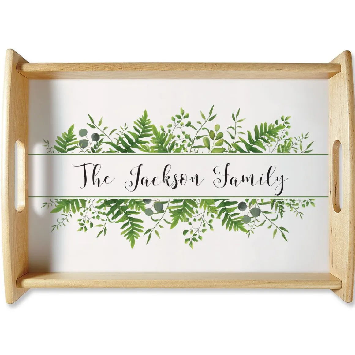Family Name & Greenery Natural Wood Serving Tray