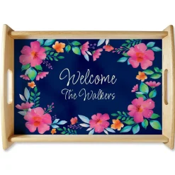 Floral Family Name Natural Wood Serving Tray