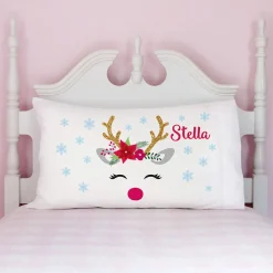 Girl Christmas Reindeer Personalized Pillowcase