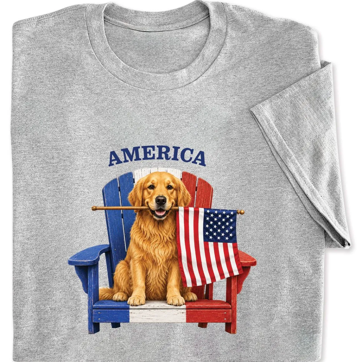 Golden Retriever and Flag Grey Adult T-Shirt
