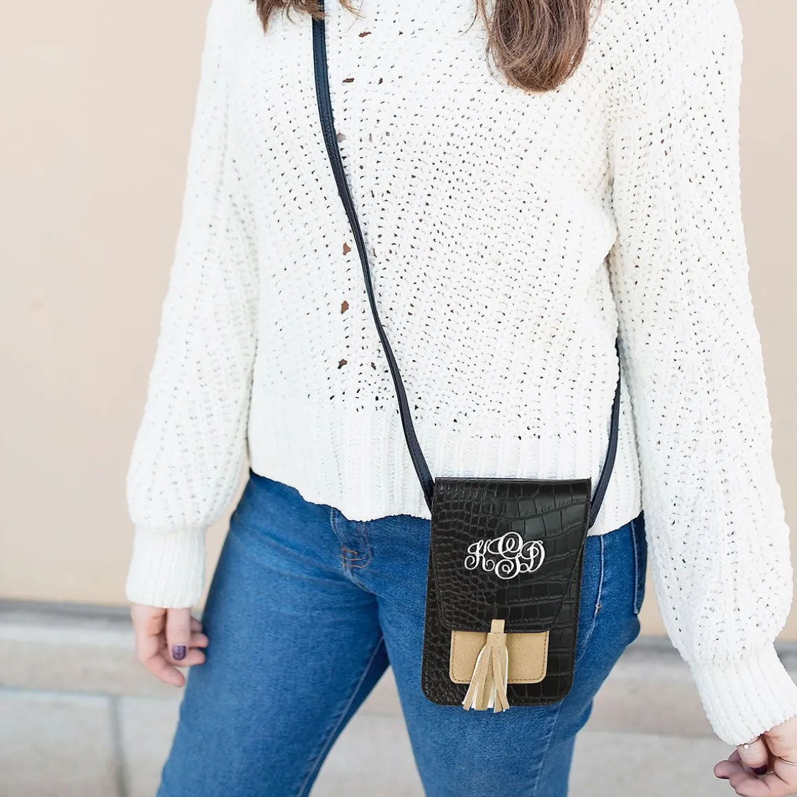 Harper Black Croc/Bone Personalized Crossbody Bag