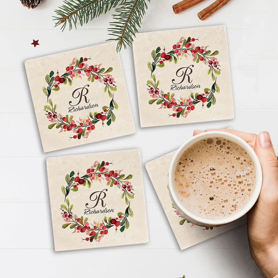 Marble Holiday Berry Personalized Coasters