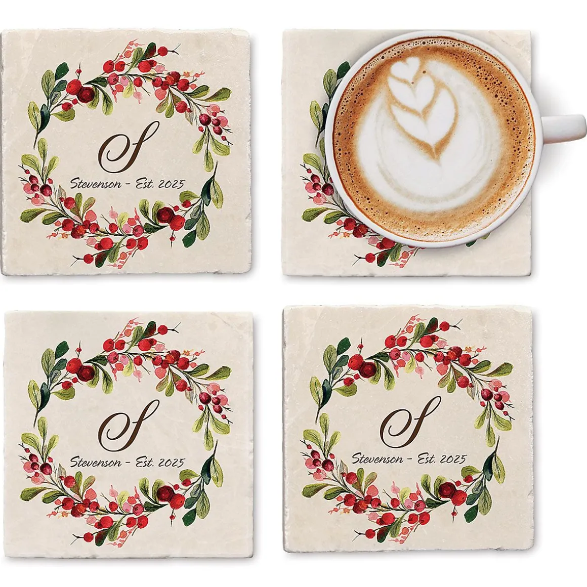 Marble Holiday Berry Personalized Coasters