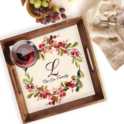 Marble Holiday Berry Personalized Burnt Wood Square Serving Tray