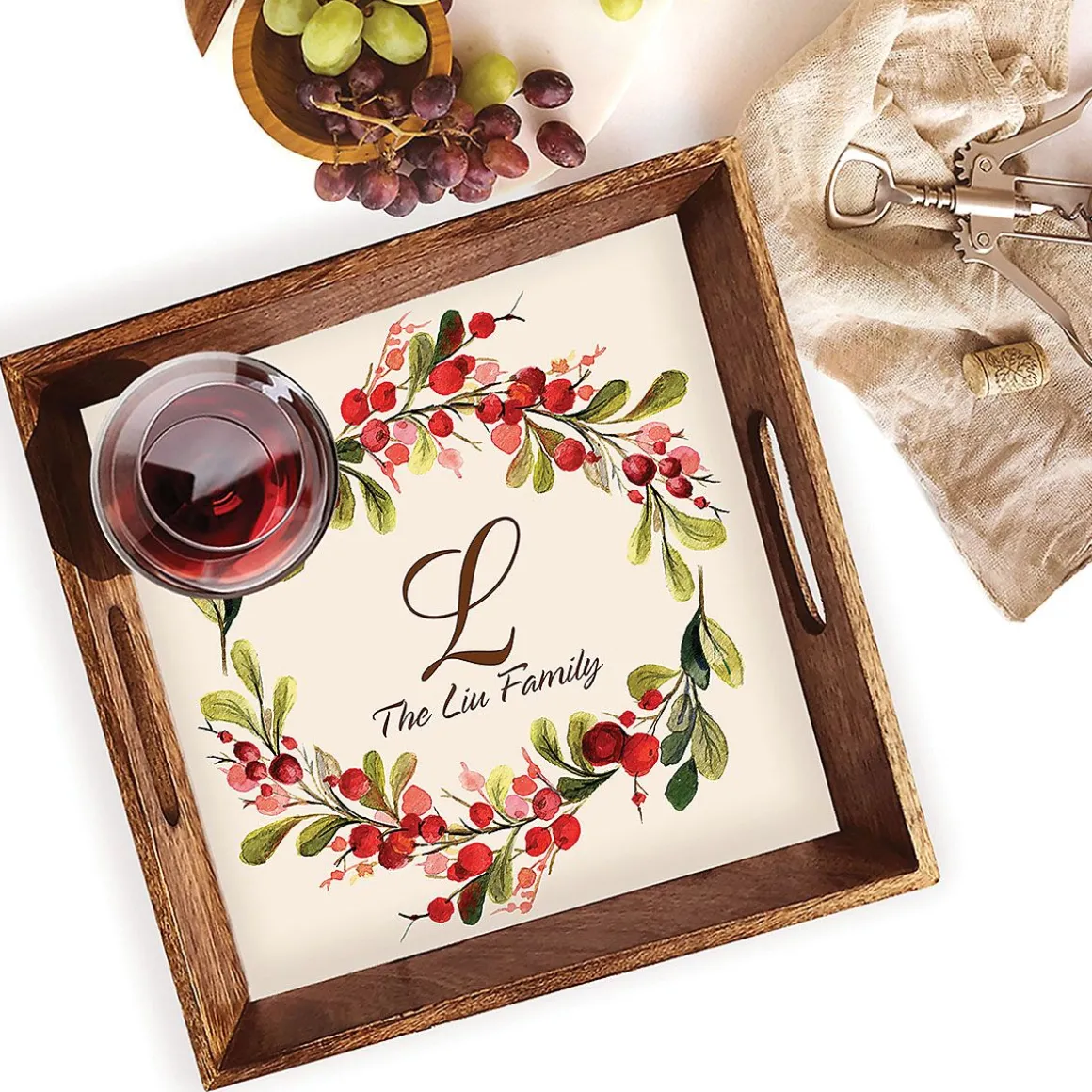 Marble Holiday Berry Personalized Burnt Wood Square Serving Tray