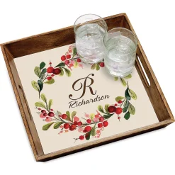 Marble Holiday Berry Personalized Burnt Wood Square Serving Tray