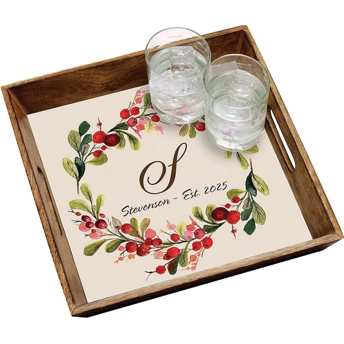 Marble Holiday Berry Personalized Burnt Wood Square Serving Tray