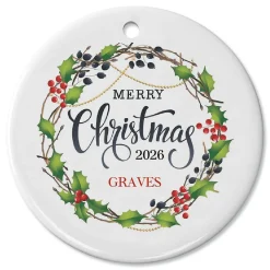 Merry Christmas Berry Wreath Personalized Ornament