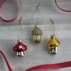 Mushroom and Acorn Glass Ornaments