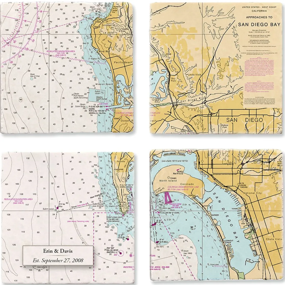 Nautical Chart Map Marble Personalized Coasters