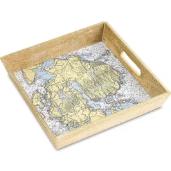 Nautical Chart Personalized Serving Tray in Natural Wood