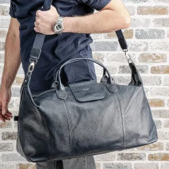 Navy Genuine Leather Monogrammed Duffel Bag