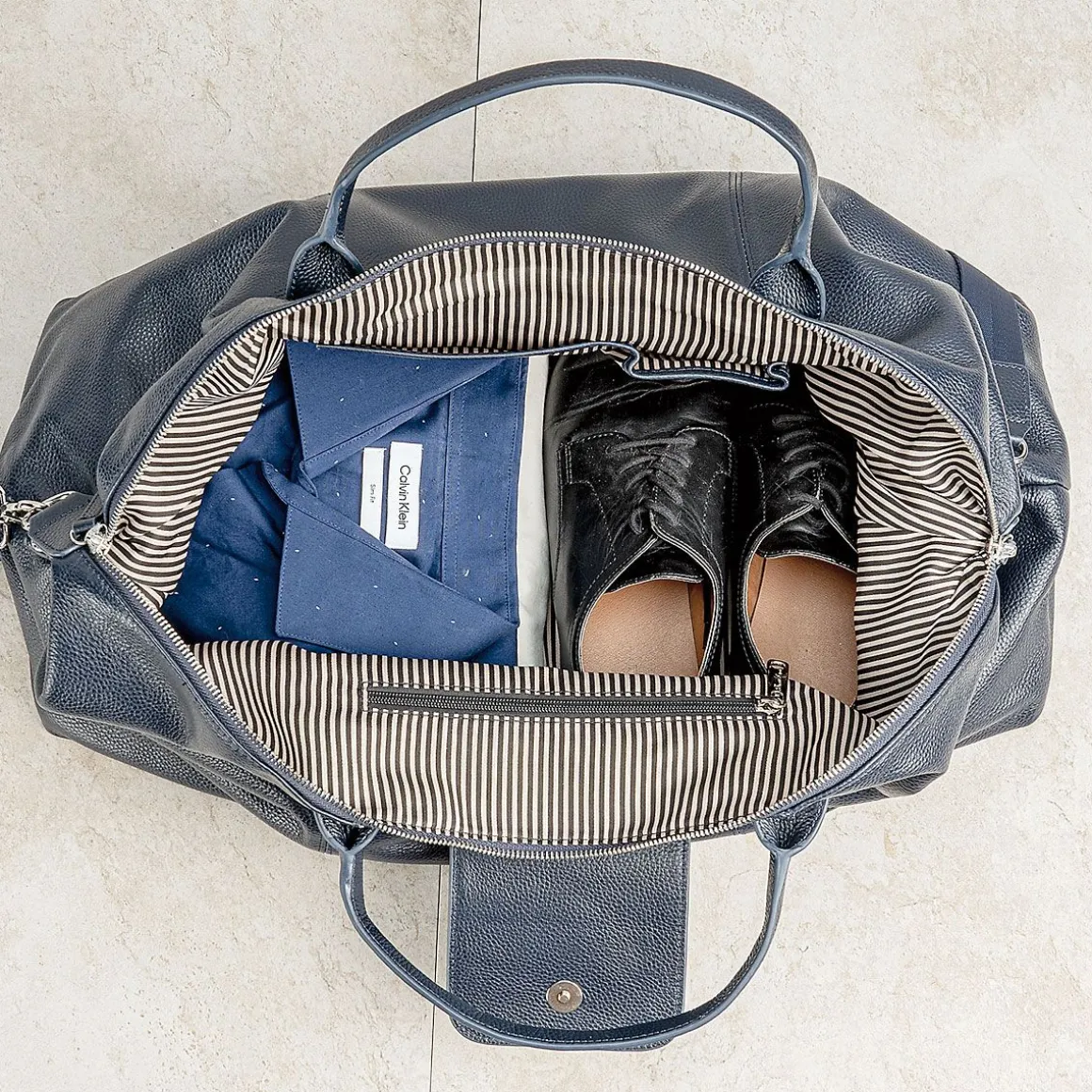 Navy Genuine Leather Monogrammed Duffel Bag