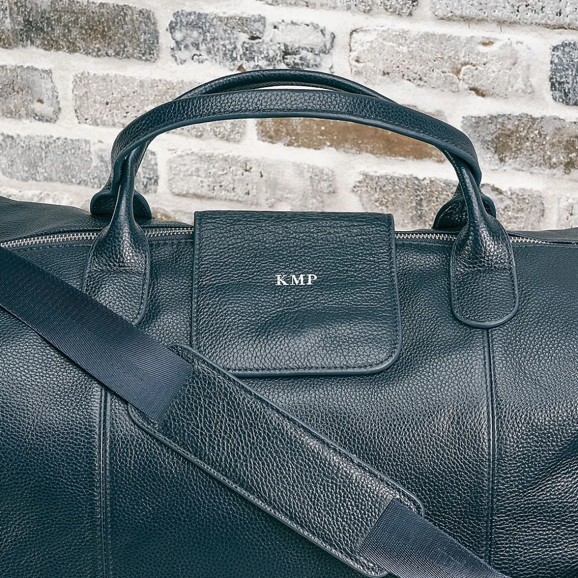Navy Genuine Leather Monogrammed Duffel Bag