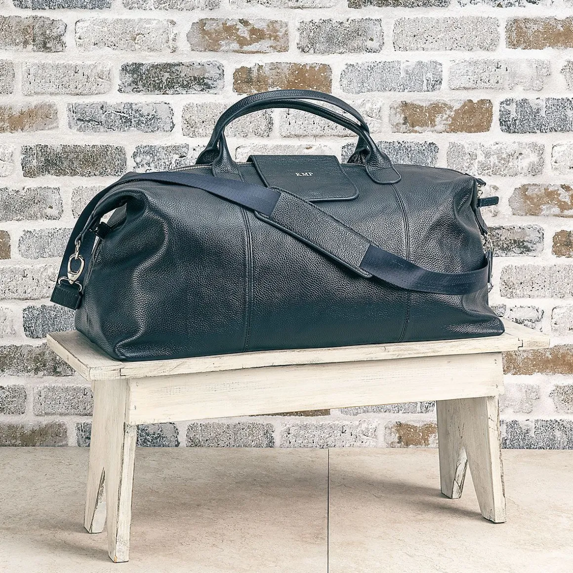 Navy Genuine Leather Monogrammed Duffel Bag