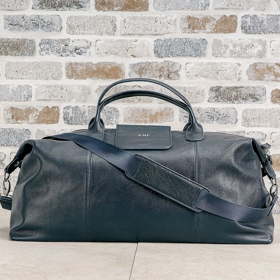 Navy Genuine Leather Monogrammed Duffel Bag