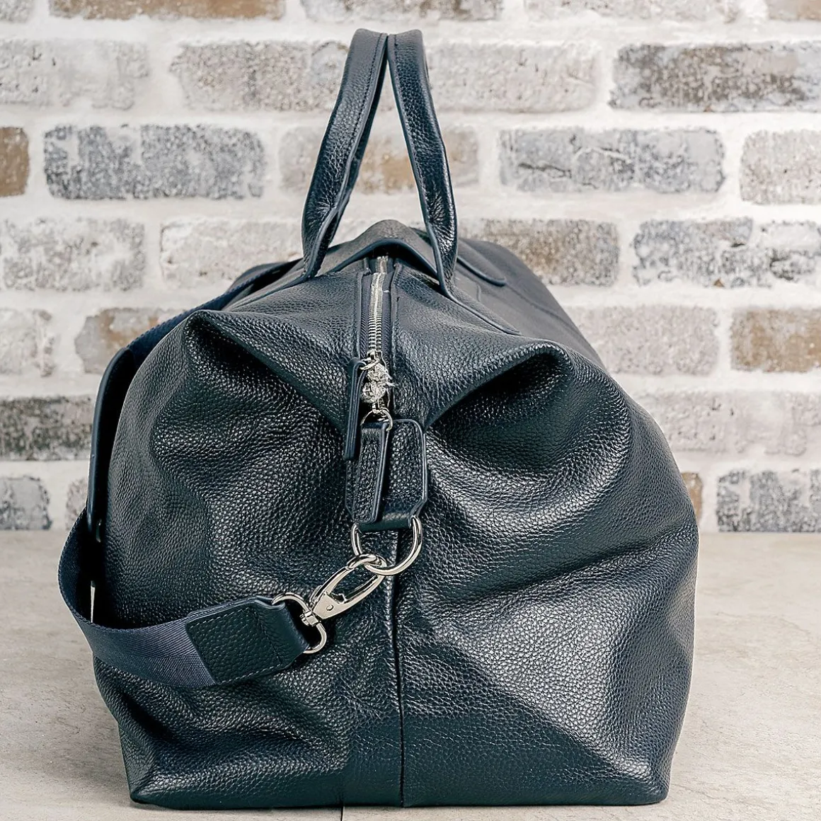 Navy Genuine Leather Monogrammed Duffel Bag