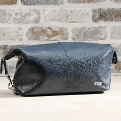 Navy Genuine Leather Monogrammed Toiletry Bag