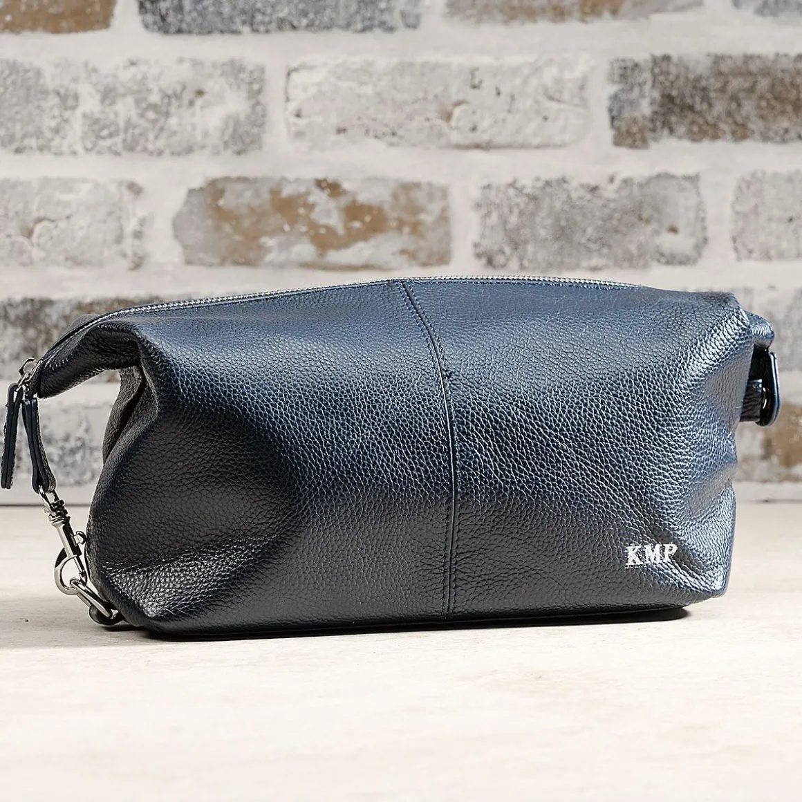 Navy Genuine Leather Monogrammed Toiletry Bag