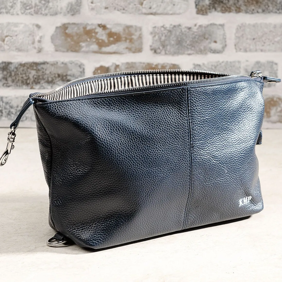 Navy Genuine Leather Monogrammed Toiletry Bag