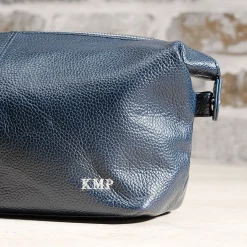 Navy Genuine Leather Monogrammed Toiletry Bag