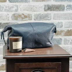 Navy Genuine Leather Monogrammed Toiletry Bag