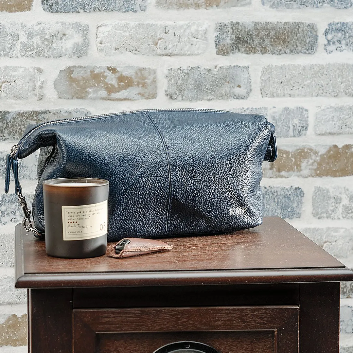 Navy Genuine Leather Monogrammed Toiletry Bag