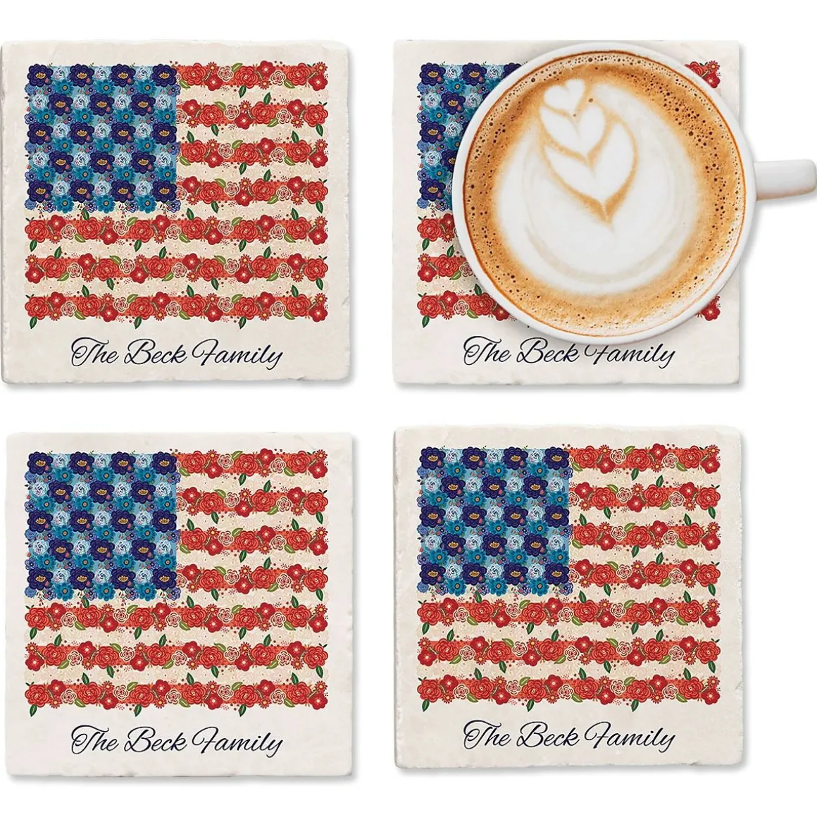 Personalized Americana Floral Flag Coasters