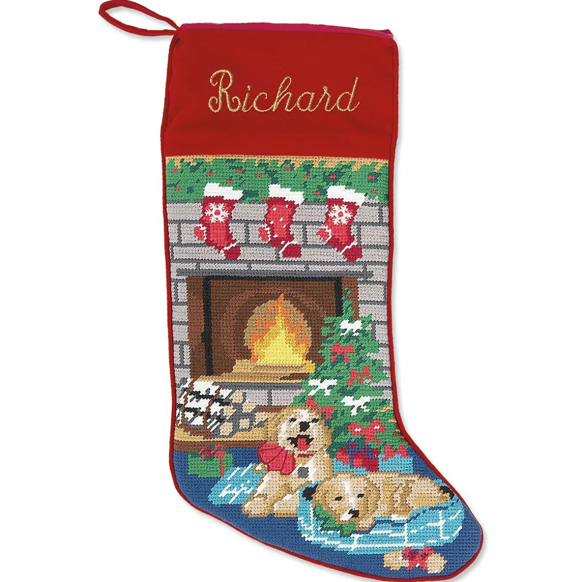 Puppies Heirloom Needlepoint Personalized Christmas Stocking