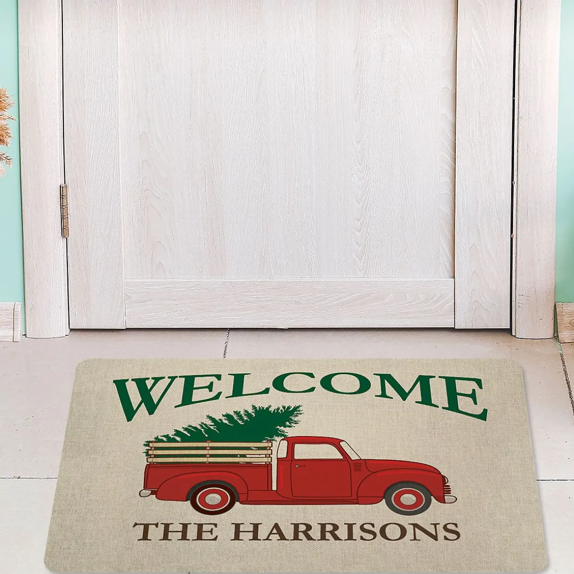 Red Truck Personalized Christmas Doormat