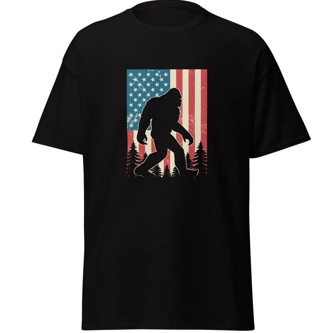 Sasquatch American Flag Black Adult T-Shirt