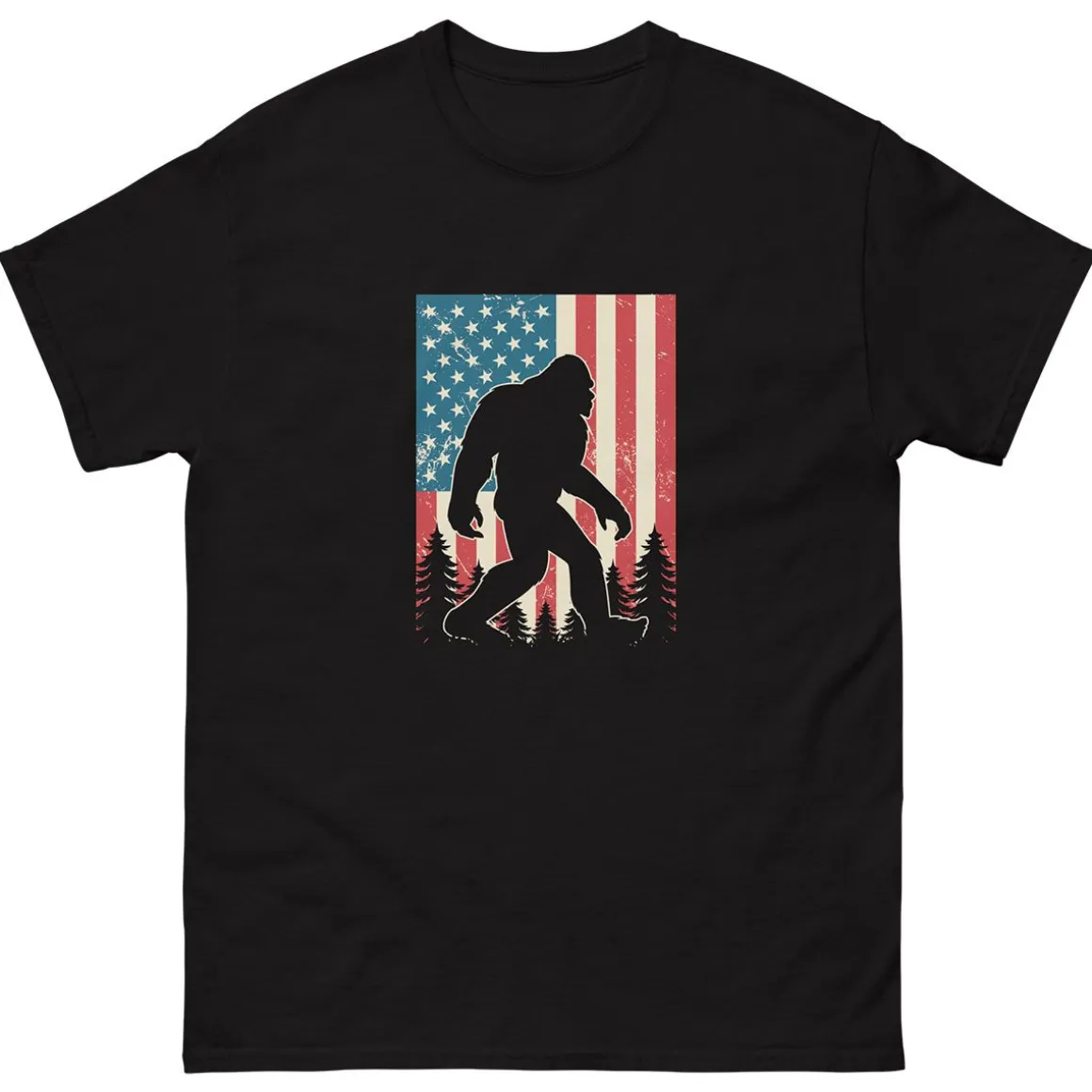 Sasquatch American Flag Black Adult T-Shirt