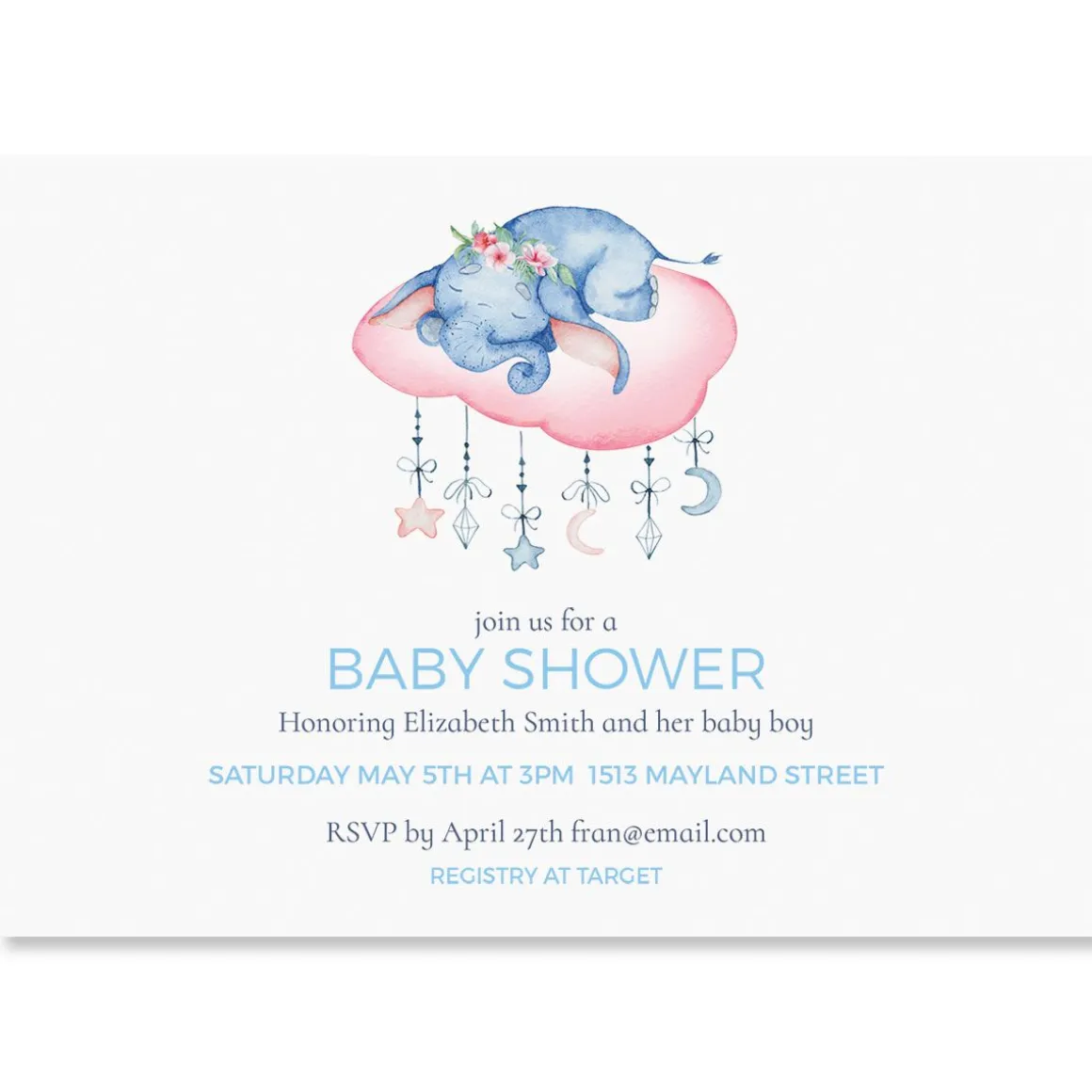 Sleepy Elephant Personalized Shower Invitations