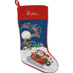 Sleigh & Reindeer Heirloom Needlepoint Personalized Christmas Stocking