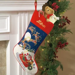 Sleigh & Reindeer Heirloom Needlepoint Personalized Christmas Stocking