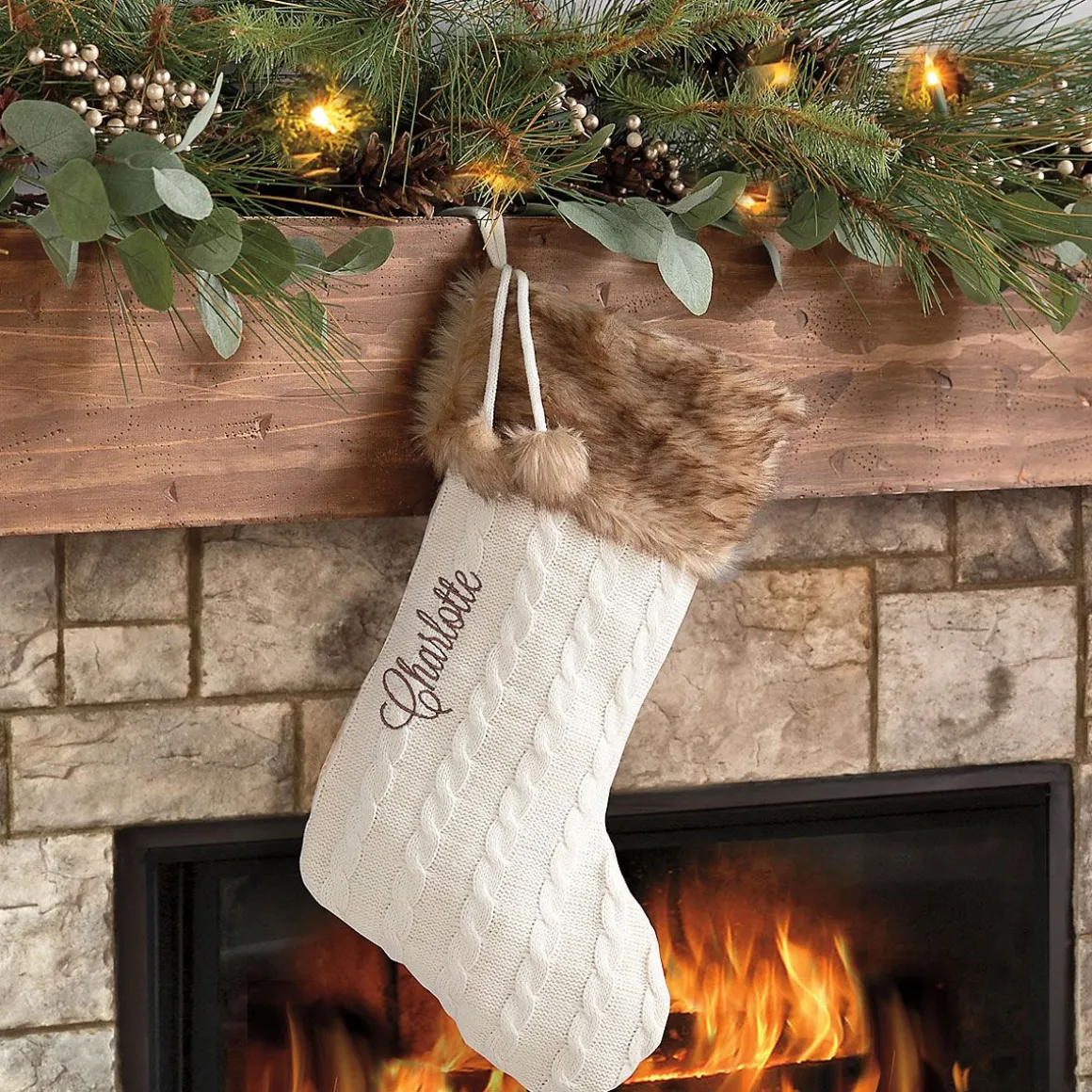 Tan Fur Cuff Cable Knit Personalized Christmas Stocking