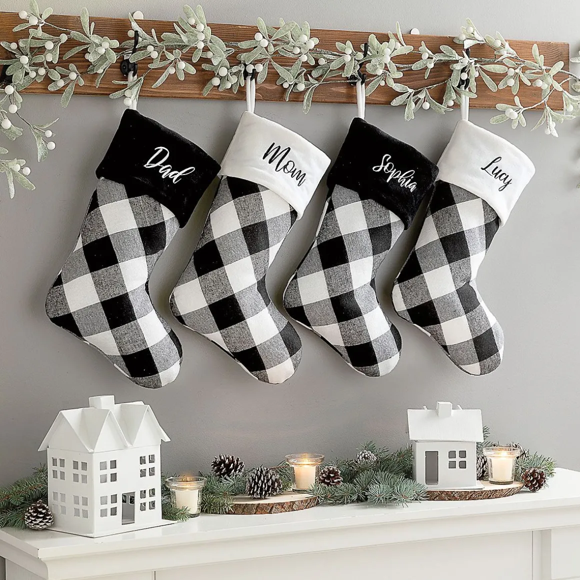 White Cuff Black and White Checker Personalized Christmas Stocking
