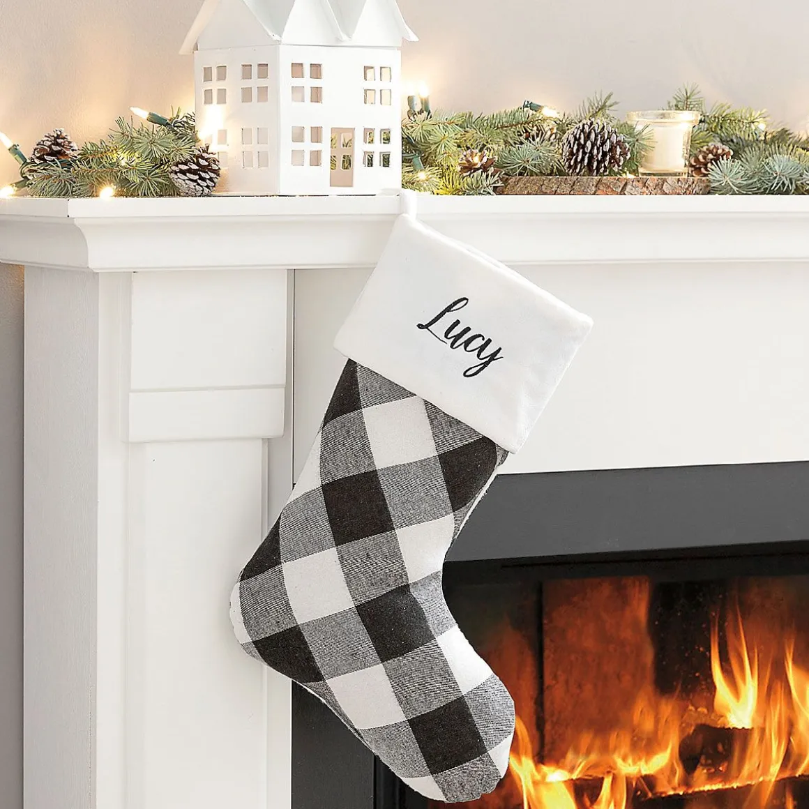 White Cuff Black and White Checker Personalized Christmas Stocking